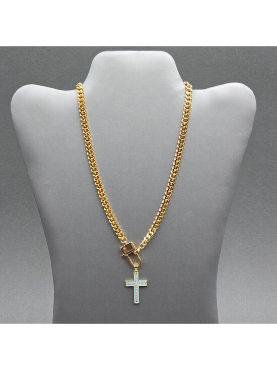 Melania Clara Jewelry - Melania Clara Wendy Necklace Blue Enamel Cross Pendant Gold Plated Curb Chain 16